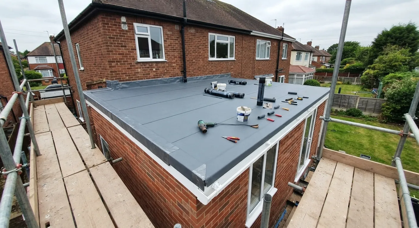 Dark grey single-ply flat roof being installed on a rear extension in Cheshire, adhesive and rollers on the deck with scaffold around the edge