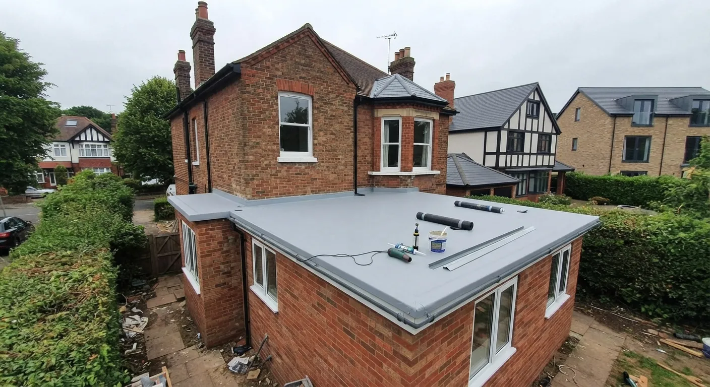 Finished light grey GRP fibreglass flat roof on the rear extension of a period brick house, with new edge trims and outlet