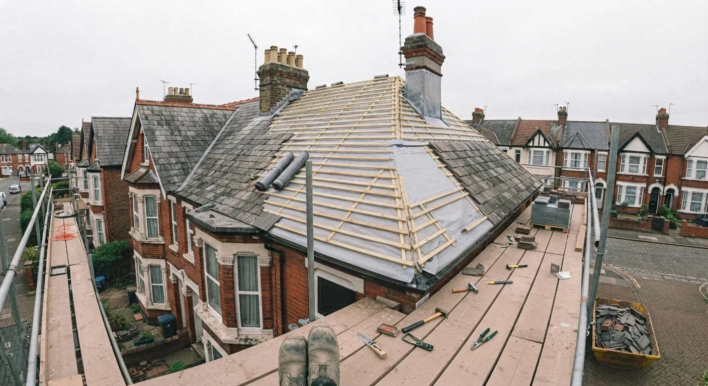Hipped roof re-roof with treated battens fixed over breathable membrane and fresh lead dressed around the chimney, terraced houses behind