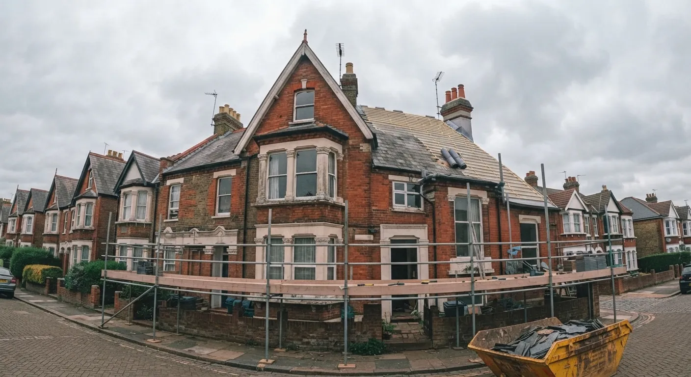 Full strip and re-roof underway on a Victorian brick corner terrace in Cheshire, breathable membrane laid over the rafters and a skip of old slate below
