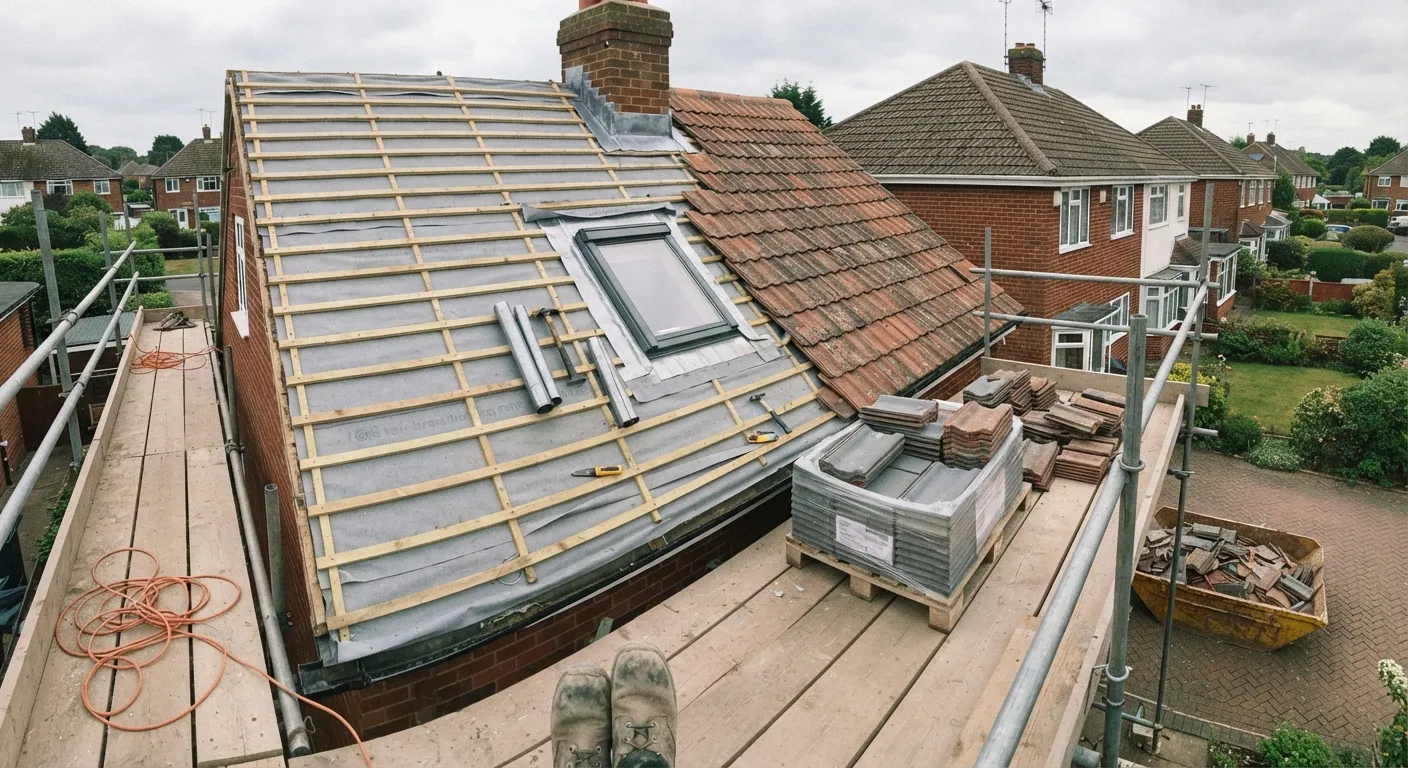 Re-roof in progress with a new roof window fitted, lead soakers dressed in and pallets of new tiles stacked on the scaffold boards